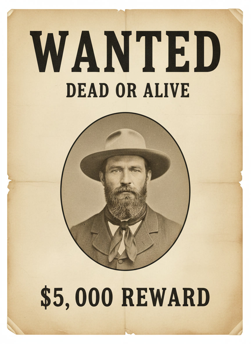 AI wanted poster generator example — an aged Old West WANTED poster reading DEAD OR ALIVE with a sepia portrait and a $5,000 reward line