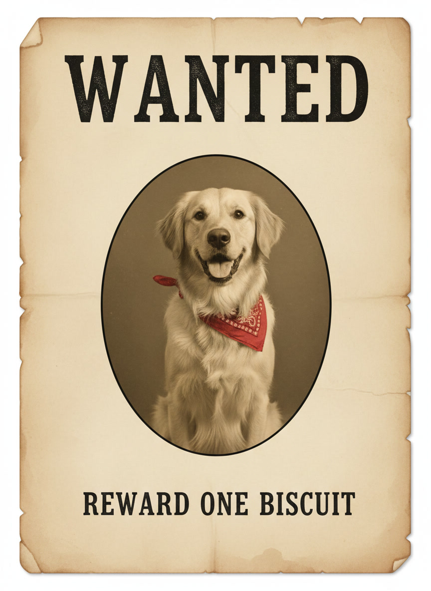 AI wanted poster generator example — a novelty wanted poster of a golden retriever in a red bandana with the line REWARD ONE BISCUIT