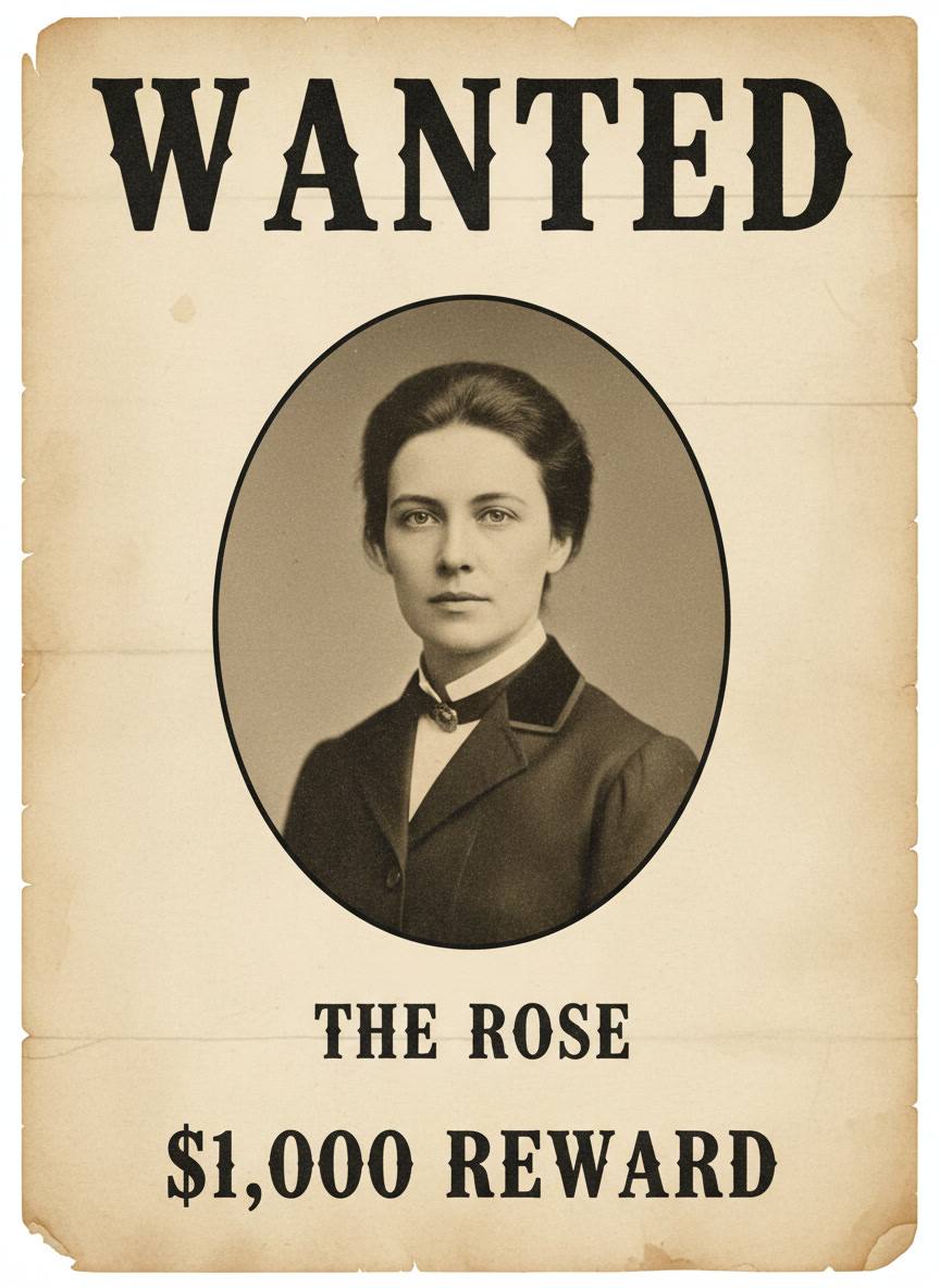 AI wanted poster generator example — a WANTED poster with a womans sepia portrait, the line THE ROSE and a $1,000 reward