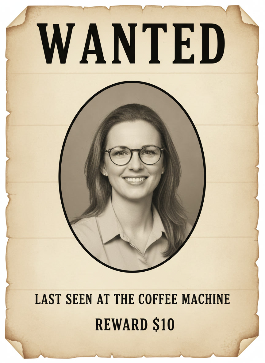 AI wanted poster generator example — an office leaving party wanted poster reading LAST SEEN AT THE COFFEE MACHINE with a REWARD $10 line