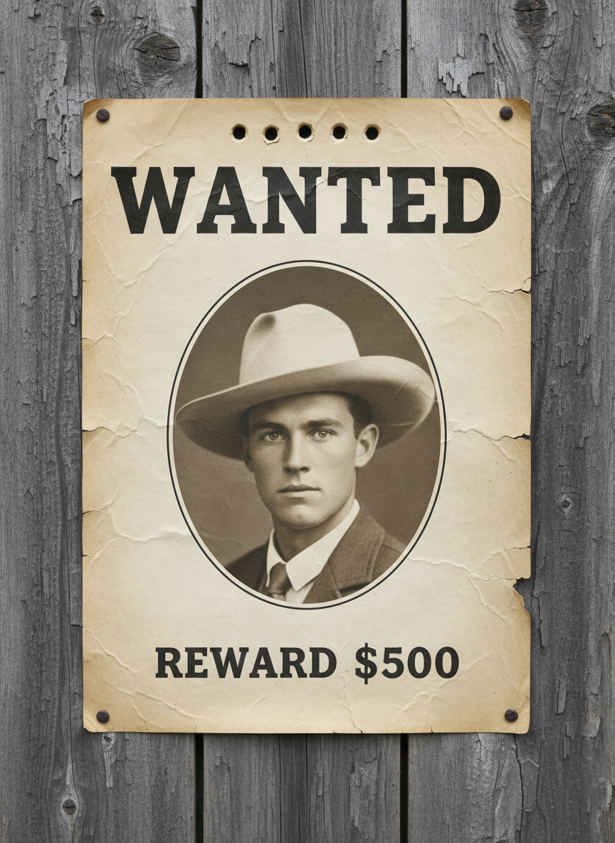 AI wanted poster generator example — a wanted poster nailed to a weathered plank wall with five bullet holes across the top edge