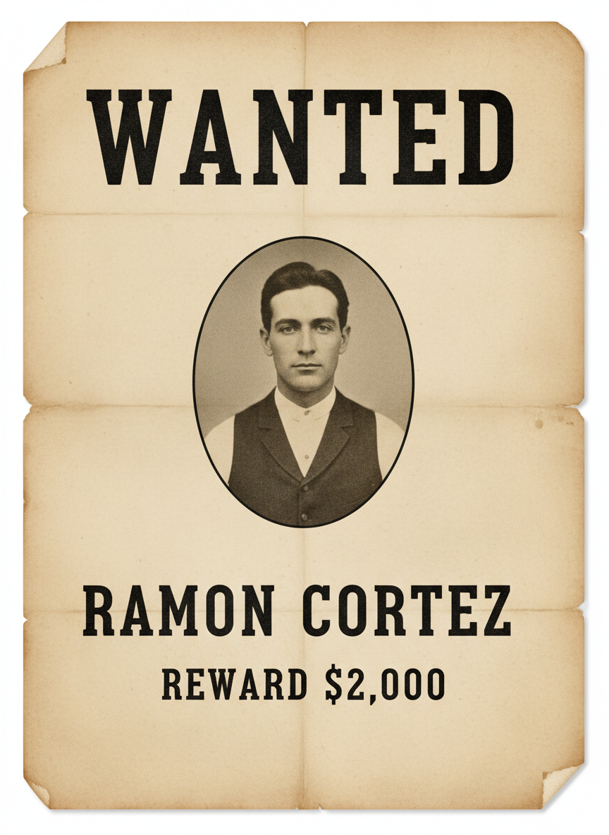AI wanted poster generator example — a WANTED poster naming RAMON CORTEZ in plain unaccented capitals above a REWARD $2,000 line