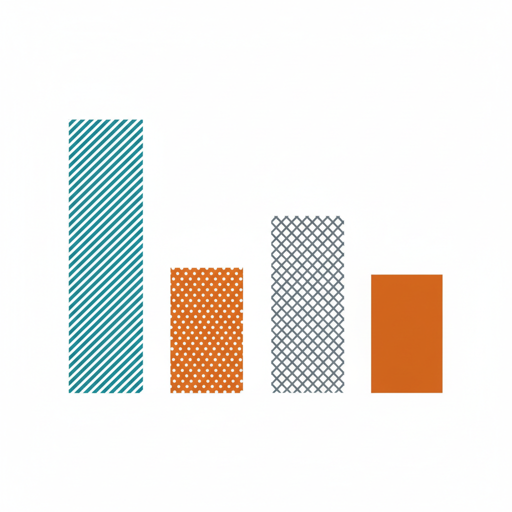 Accessible image tools example — bar chart shapes where each bar carries its own texture, hatching, dots and crosshatch, in teal and orange