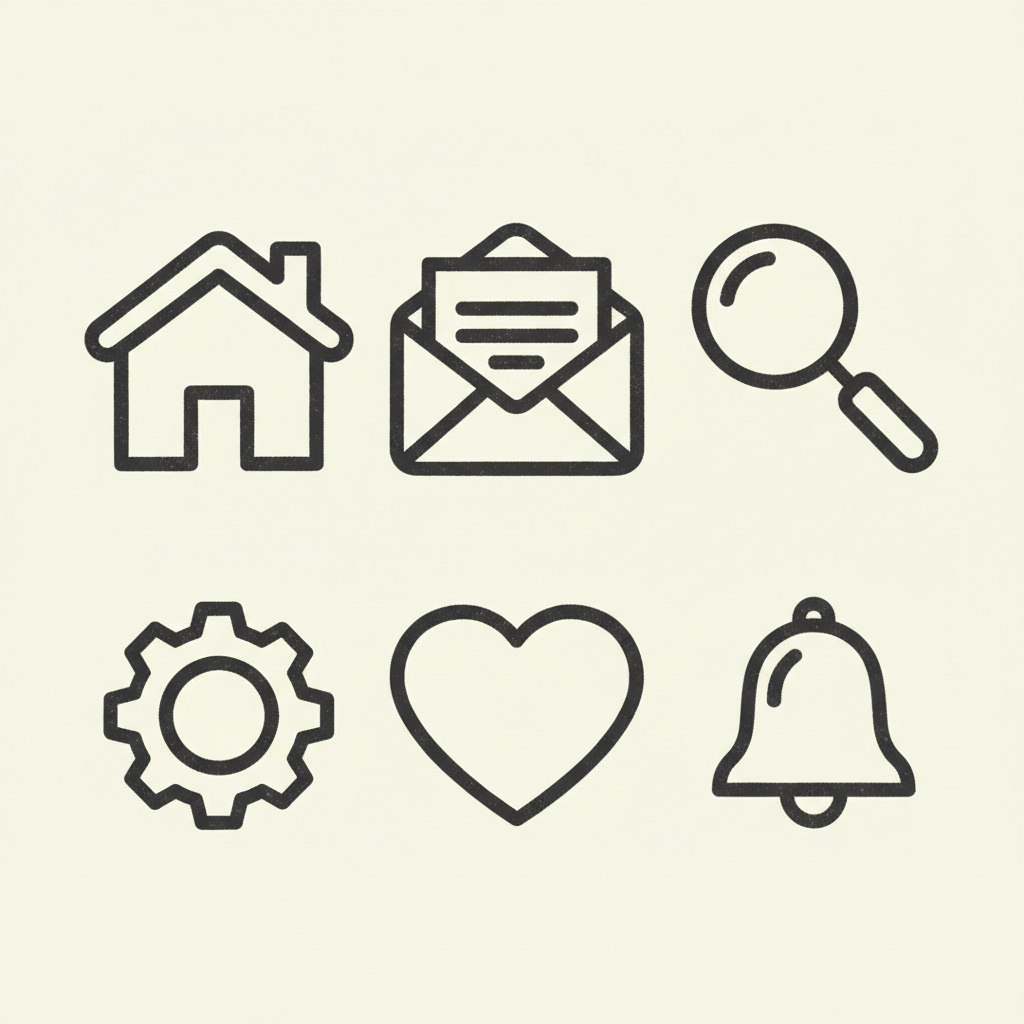 AI accessibility example — set of thick-stroke pictogram icons in charcoal on pale cream, evenly spaced on a clean grid