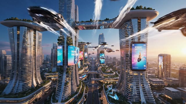 [concept-art] Cinematic aerial shot of a futuristic smart ci…