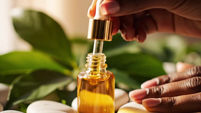 Tiktok Viral — A glass skincare bottle with a gold droppe…