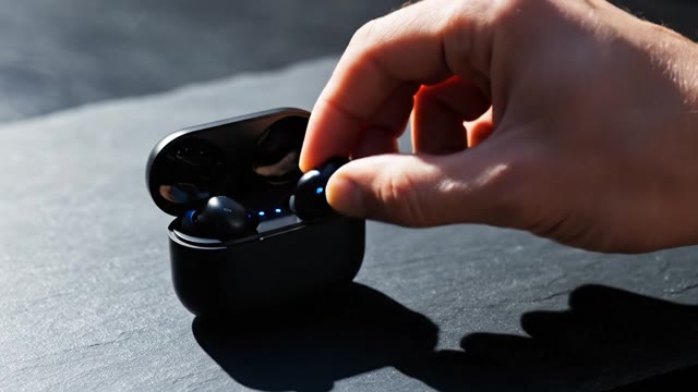 Tiktok Viral — A matte black wireless earbuds charging ca…