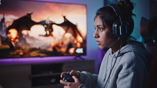 [gaming-highlight] Close-up of a young gamer's face illumina…