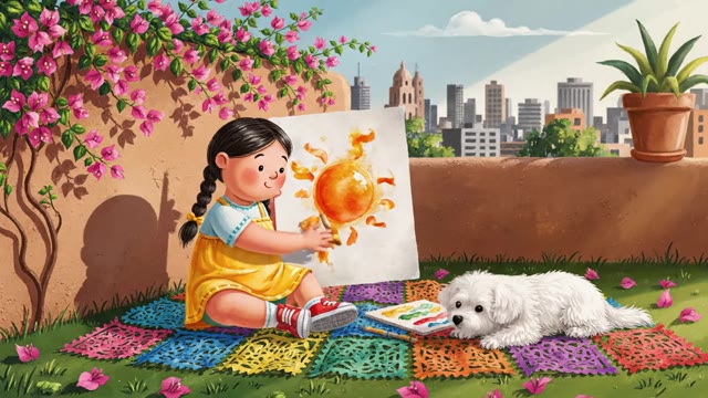 Illustrated Mexican girl finger-painting in a watercolor sce…