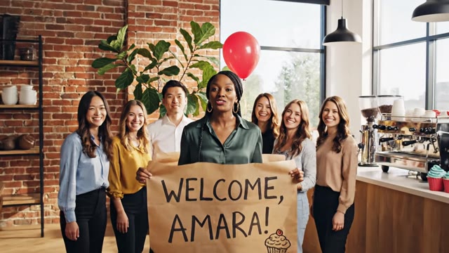 Team photo of 6 people with welcome banner that comes alive…
