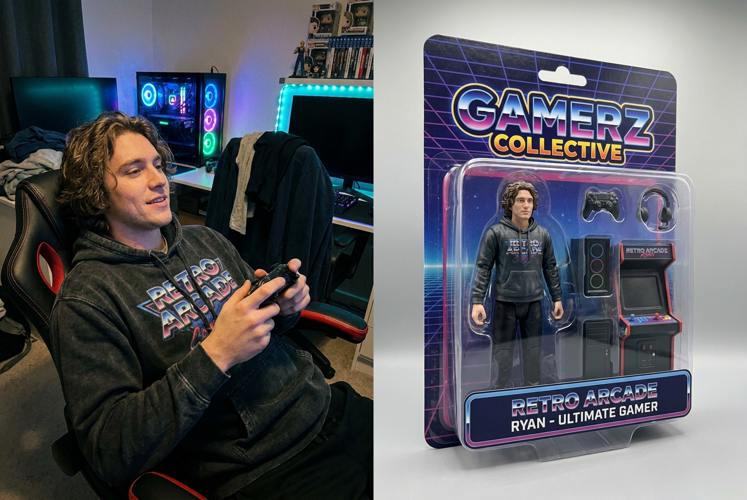 Before โ After: gaming setup photo to boxed figure with controller accessories