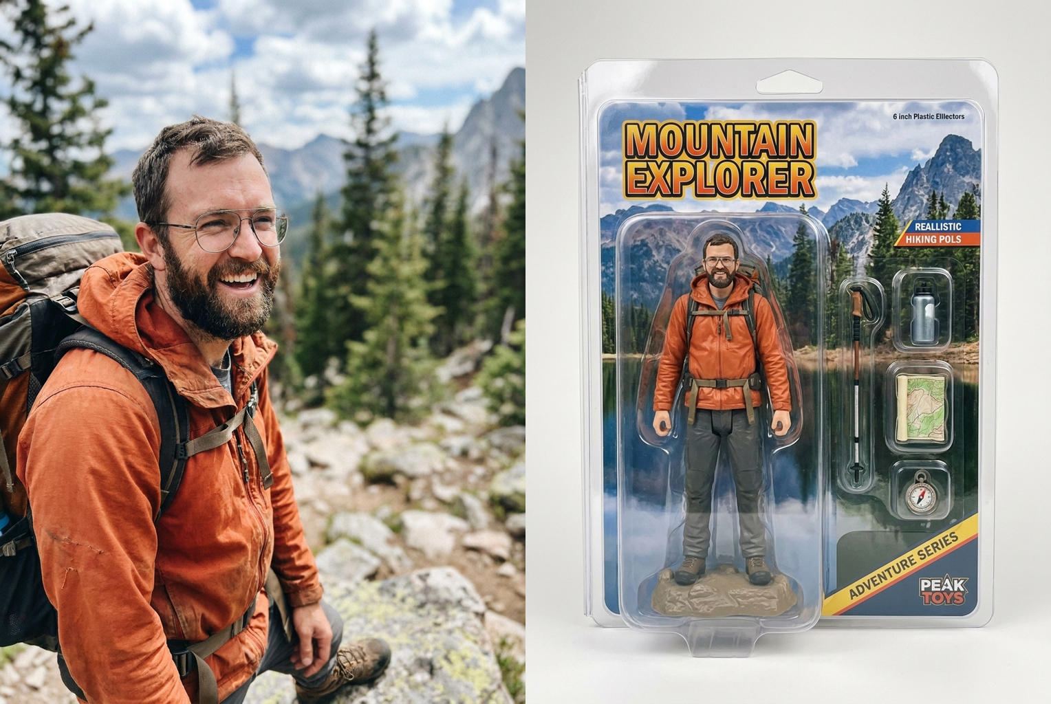 Before โ After: hiking photo to boxed figure with trail accessories