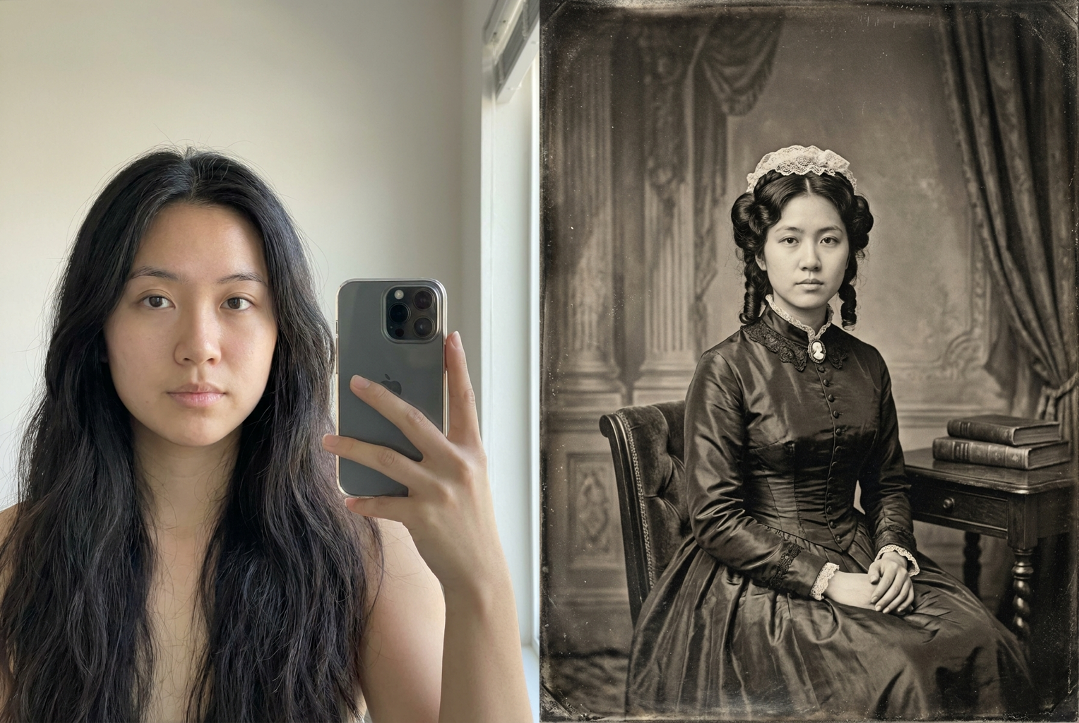 Prompt: "1800s daguerreotype" — sepia tone, plate texture and a stiff studio pose, same face throughout
