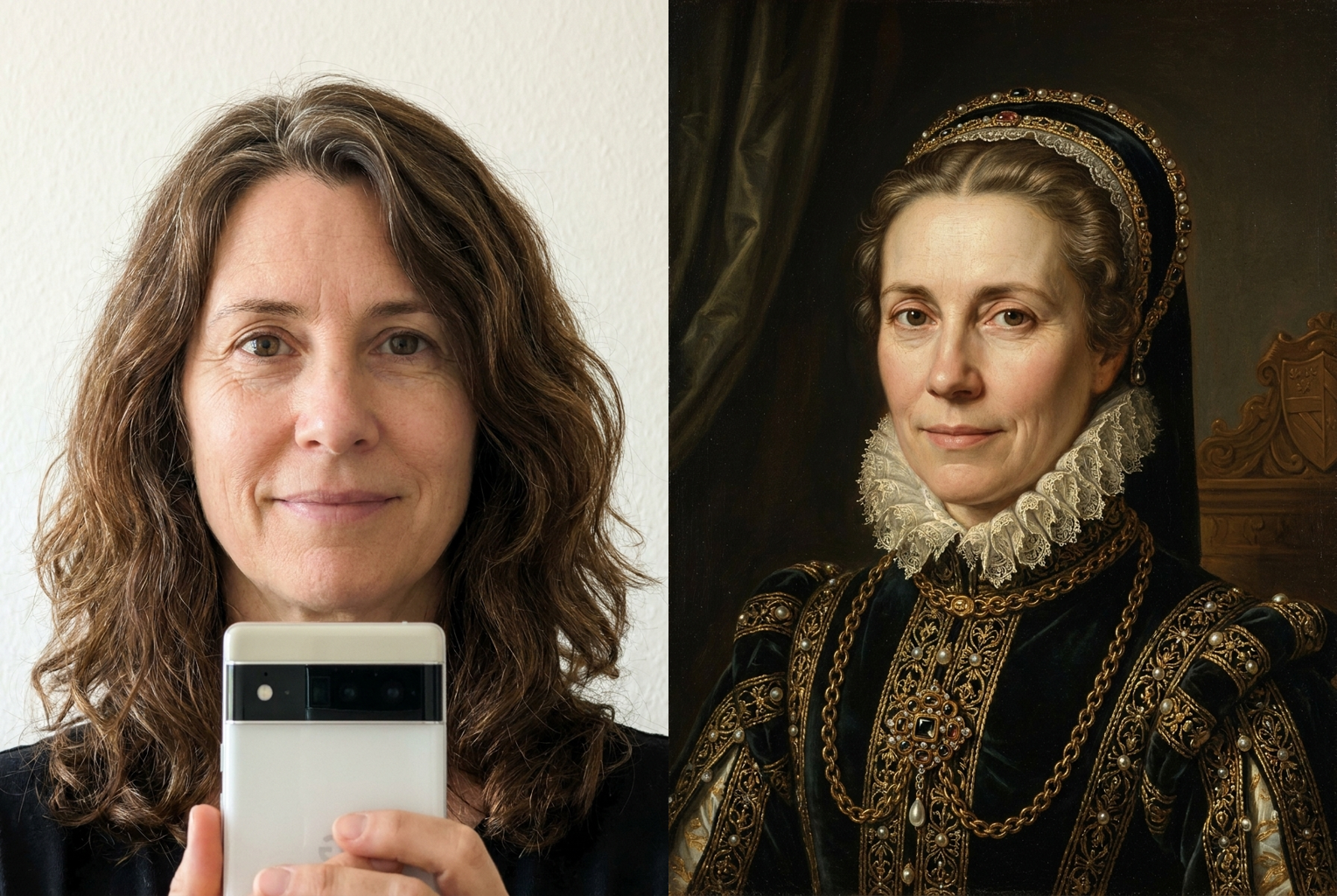 Prompt: "Renaissance noble" — oil-on-canvas brushwork and chiaroscuro lighting, same face throughout