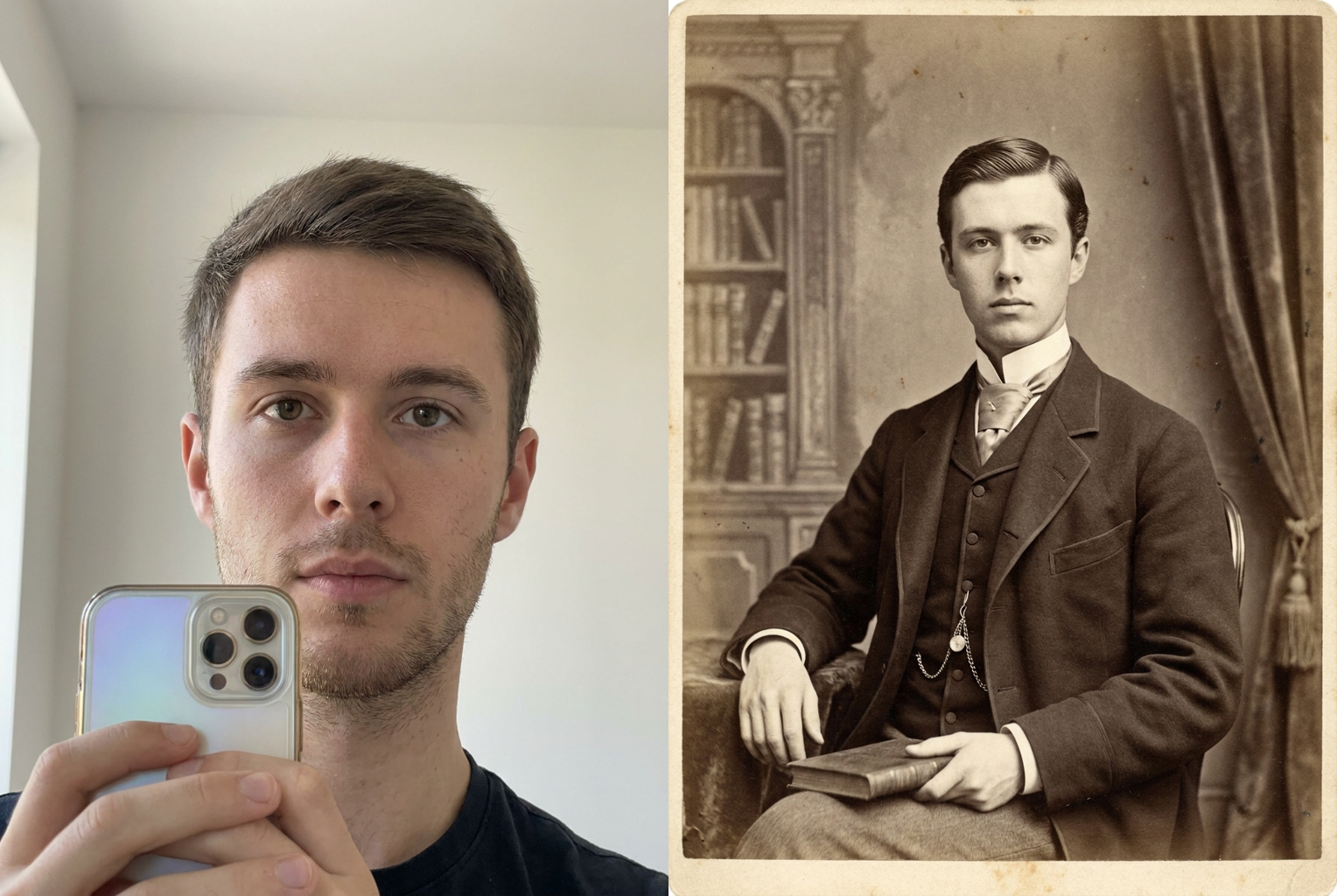 Prompt: "Victorian era" — buttoned collar, somber studio pose and aged sepia processing, same face throughout