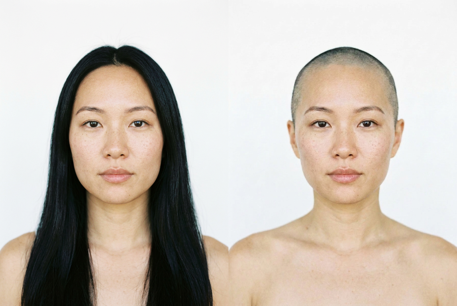 Prompt: "very short buzzed shadow" — a near-shaved look that keeps the exact same face.
