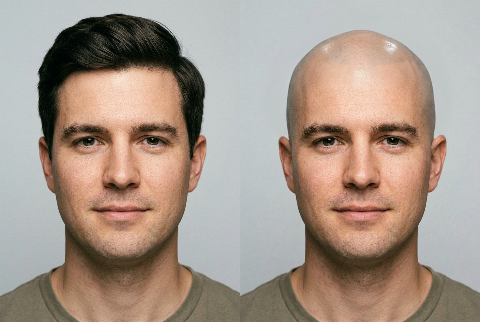 Prompt: "fully shaved smooth head" — same face, hair fully removed with a realistic scalp.