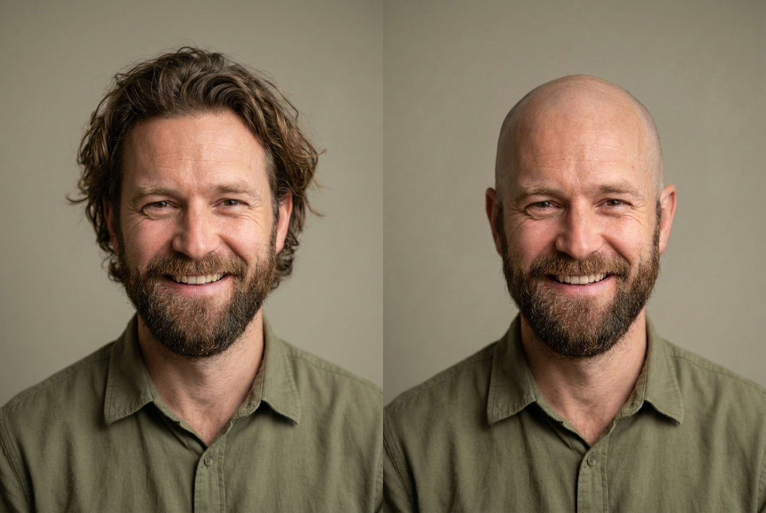 Prompt: "shaved bald head, keep the full beard" — hair removed on top, beard preserved.