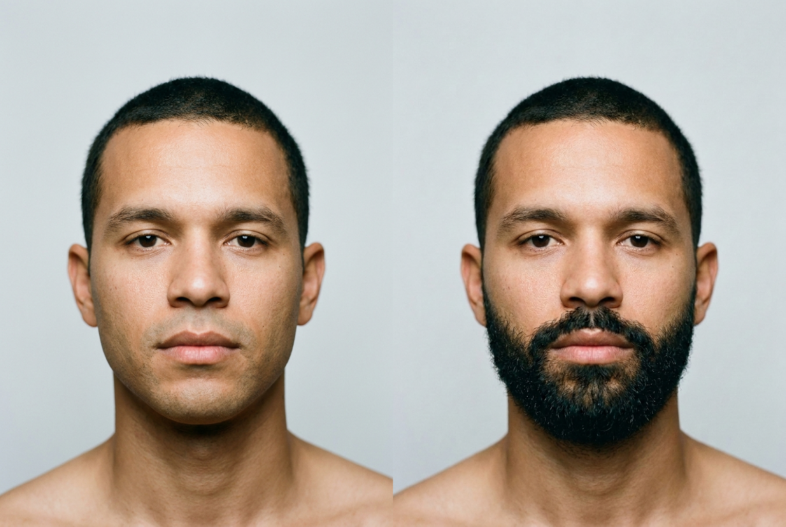 Prompt: "full thick black beard with a faded neckline" — same face, dense realistic facial hair added.