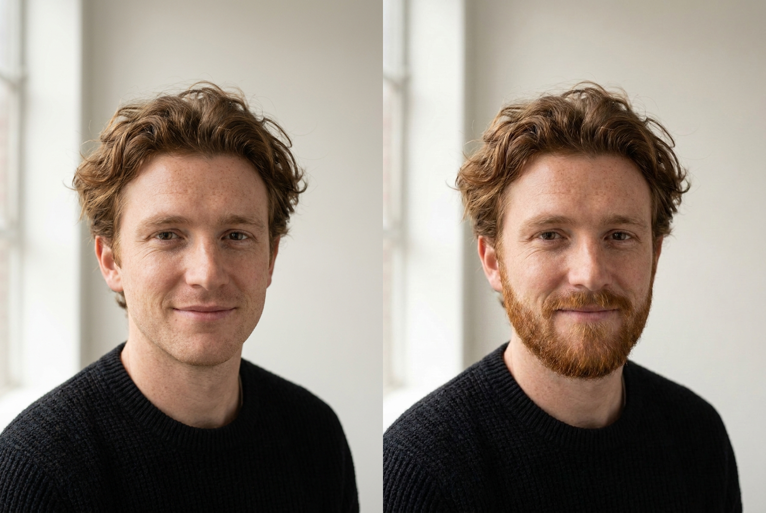 Prompt: "ginger boxed beard with clean cheek lines" — matching hair color, natural growth line.