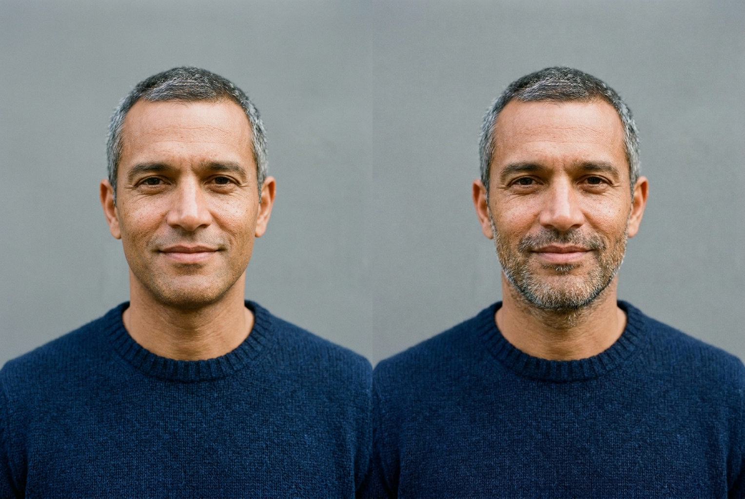 Prompt: "short salt-and-pepper stubble" — subtle, age-appropriate designer stubble.
