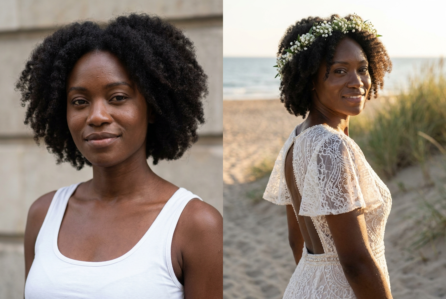 Prompt: "boho lace gown, flower crown, golden-hour beach" — same face, relaxed outdoor bridal look.