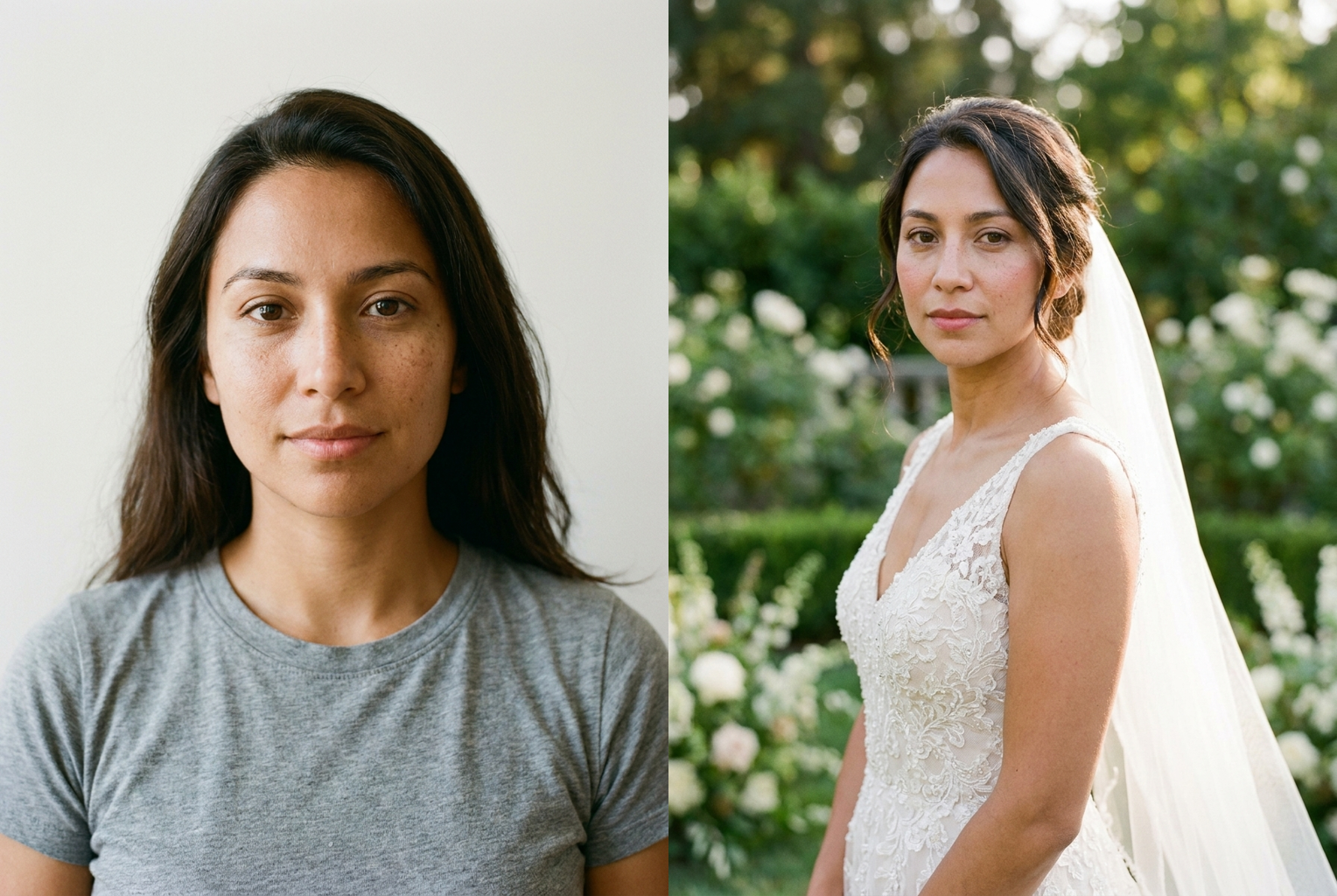 Prompt: "ivory lace A-line gown, cathedral veil, garden ceremony" — same face, full bridal look.