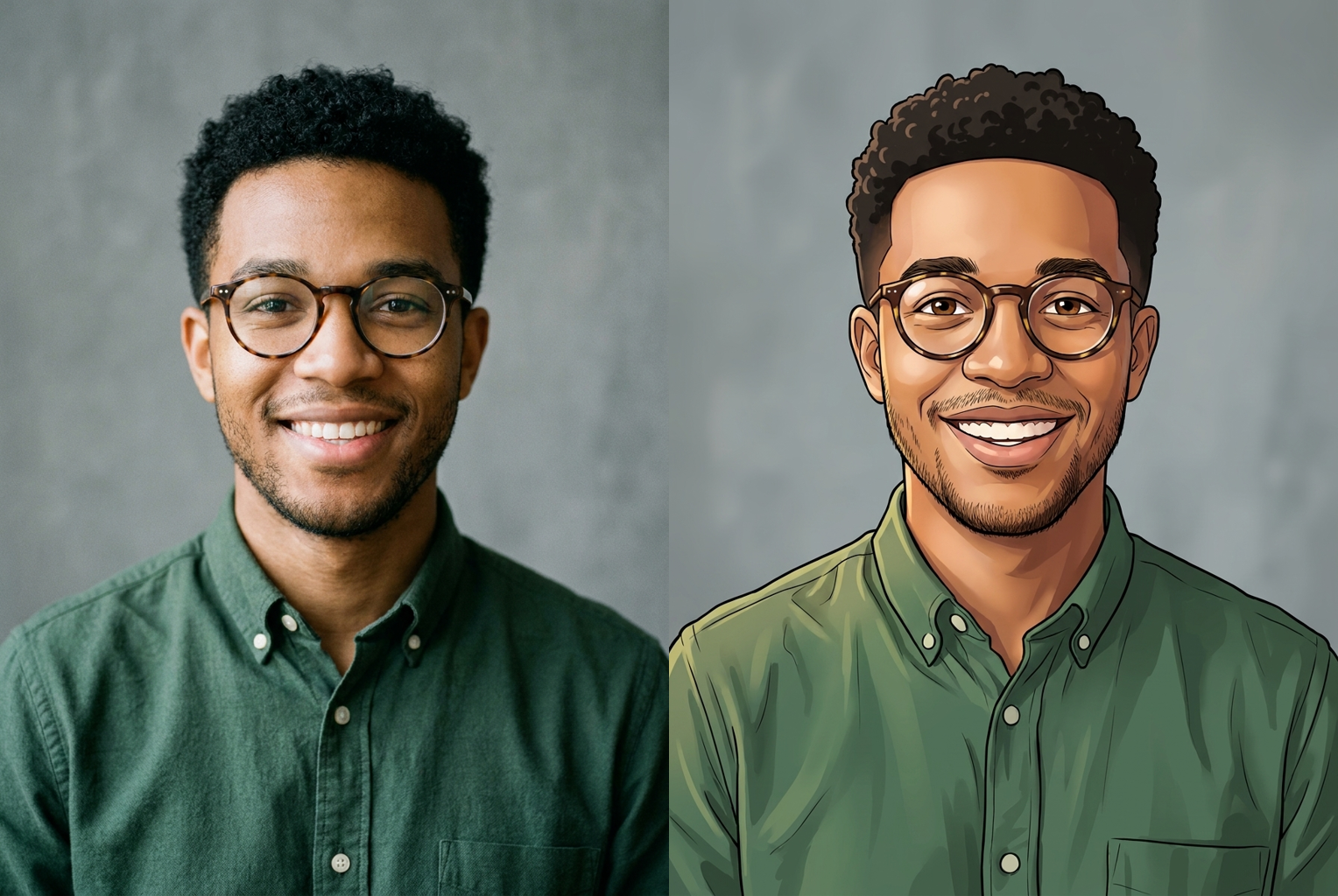 The round glasses, curly hair and beard all carry over — head and grin playfully enlarged