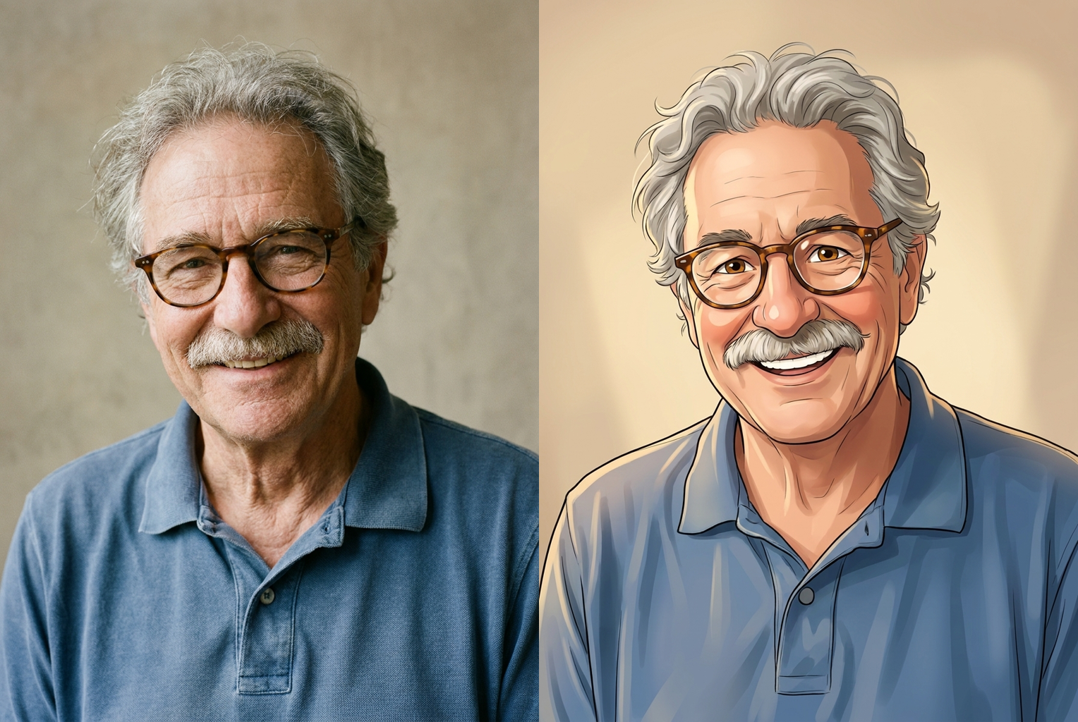 Gray mustache, glasses and blue polo preserved — a warm, gift-ready caricature