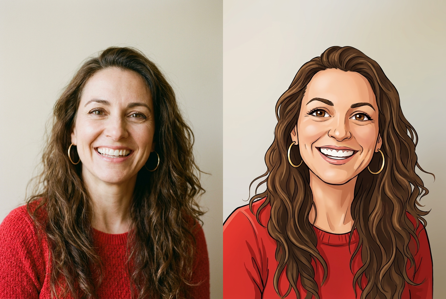 Wavy brown hair, gold hoops and the red top stay intact while the smile gets dialed up