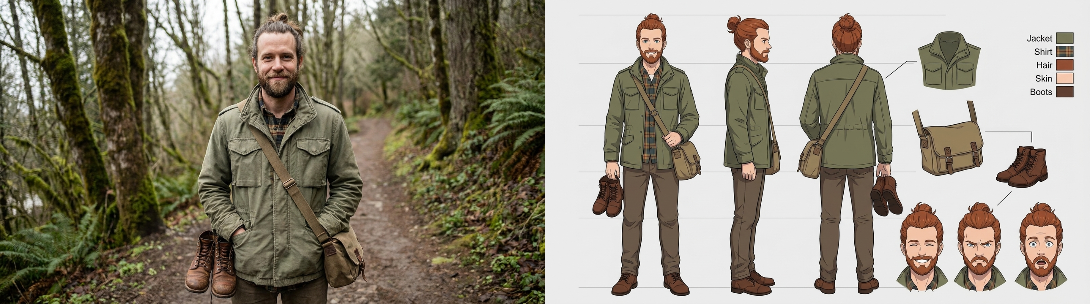Beard, field jacket and satchel become a game-ready adventurer model sheet with outfit callouts