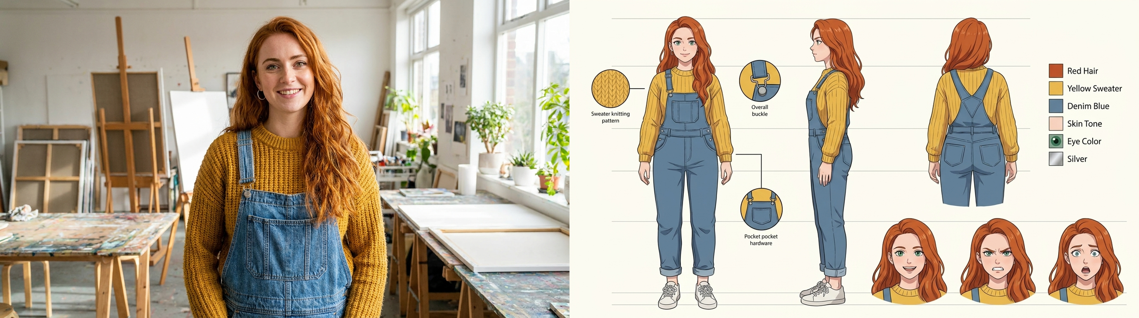Copper hair, mustard sweater and overalls documented across front, side and back views with a matching palette