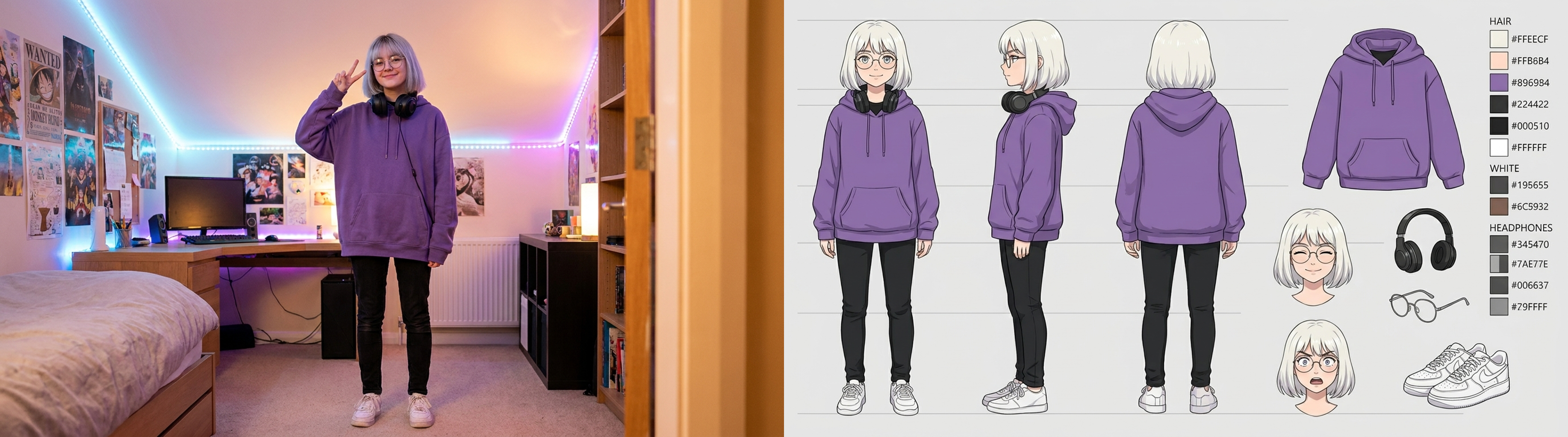 Silver hair, glasses and headset preserved in a VTuber-ready sheet with expressions and palette