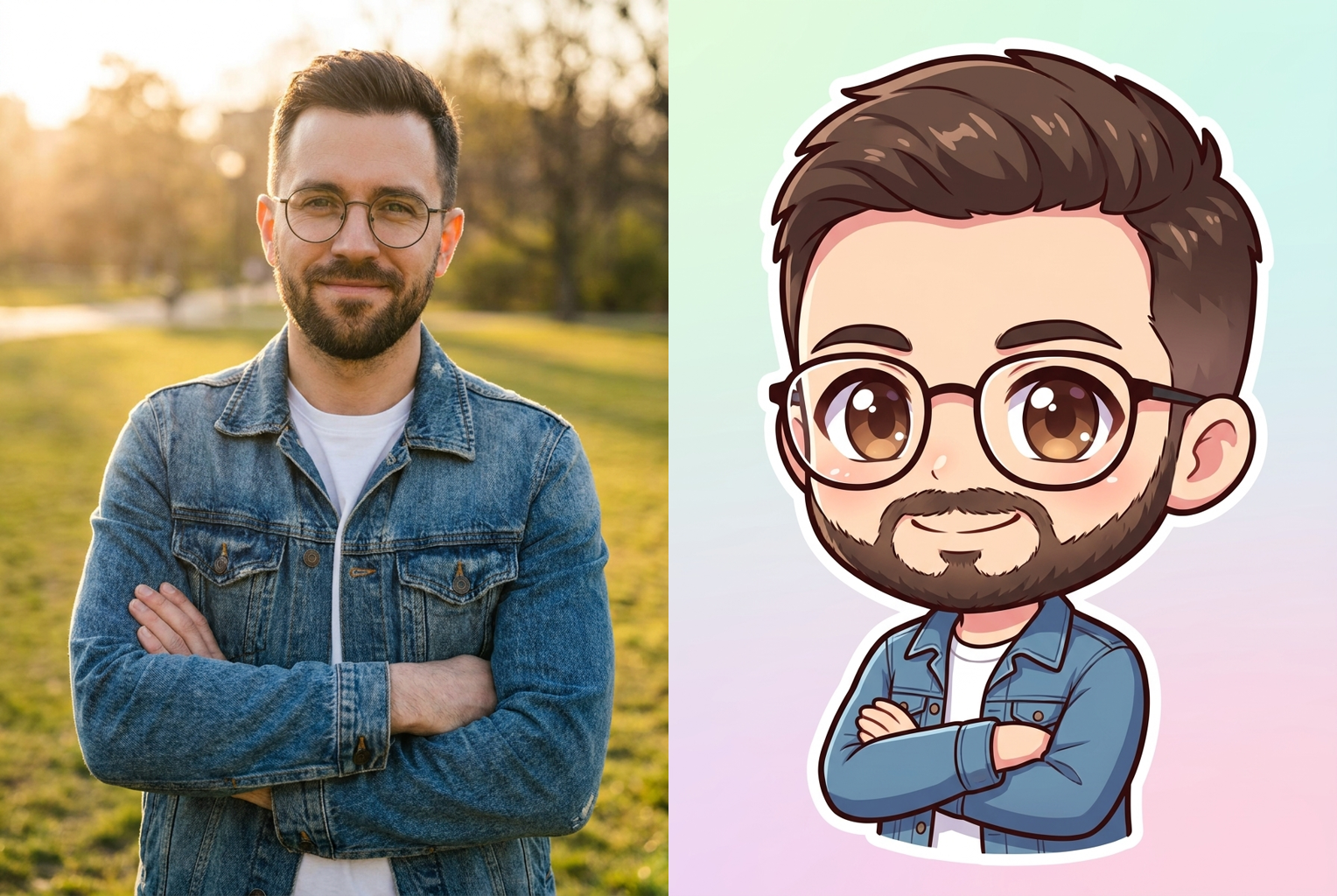 Glasses, beard, and the crossed-arms confidence survive the shrink to chibi size