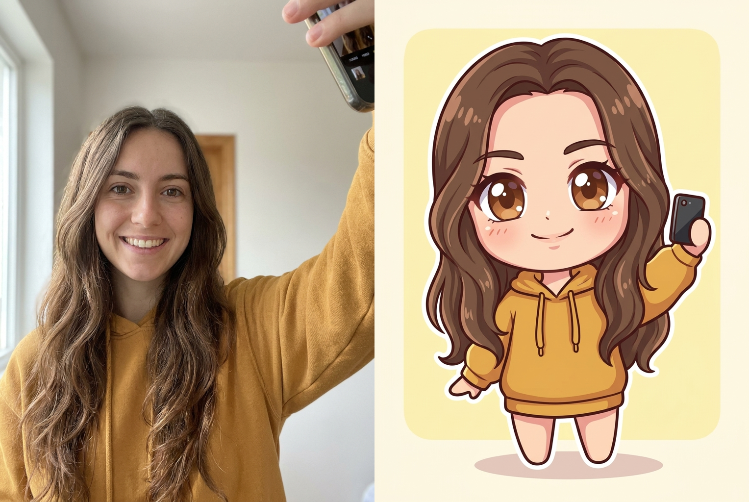 Wavy chestnut hair, brown eyes, and the yellow hoodie all carry straight into the chibi