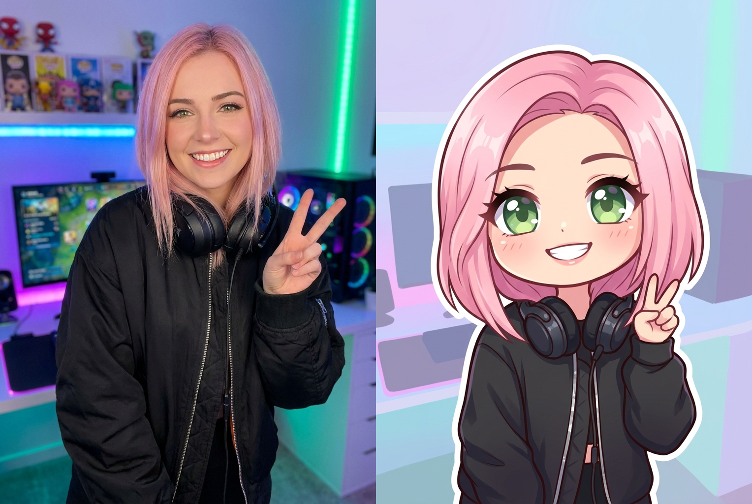 Pink hair, headset, and peace sign turn into a perfect stream-emote chibi