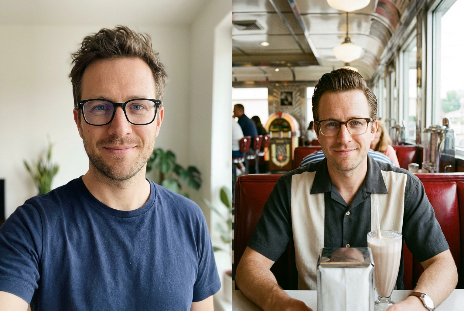 Prompt: "1950s diner" — pomade hair, period frames, chrome booth, saturated early color film