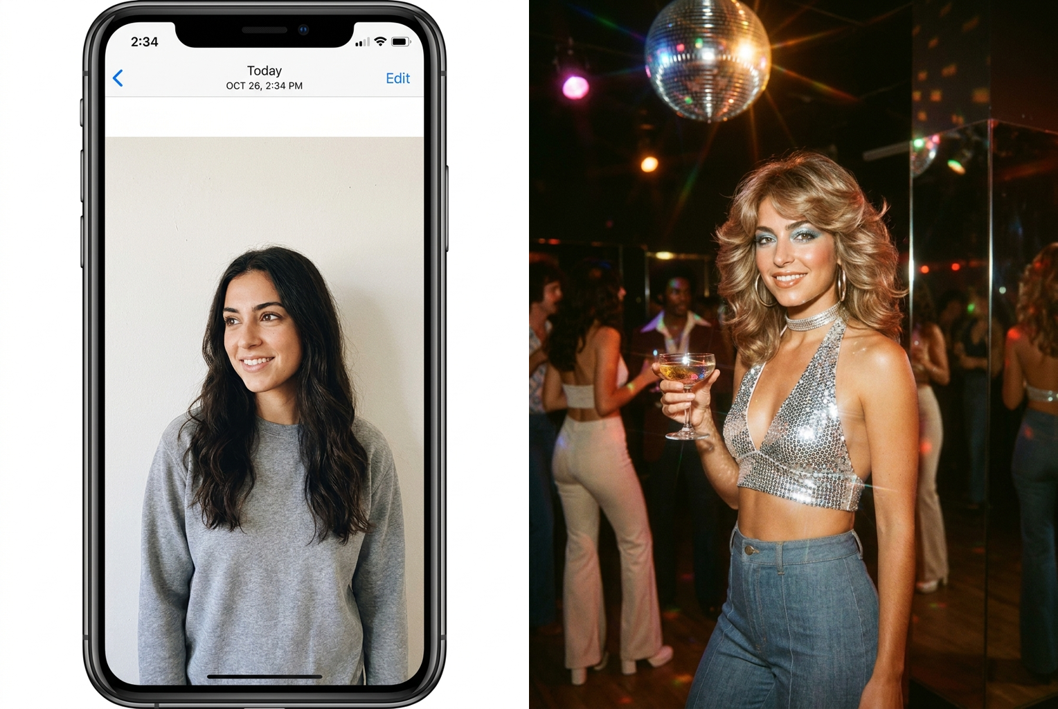 Prompt: "1970s disco" — feathered hair, wide collar, and warm faded Kodachrome grain, same face throughout