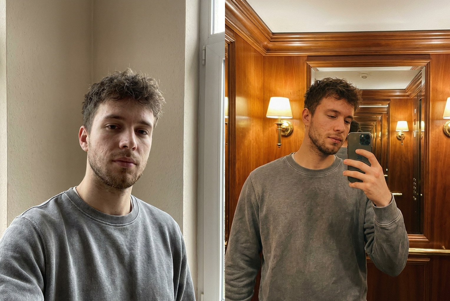 Casual portrait reimagined in a golden-lit hotel elevator.