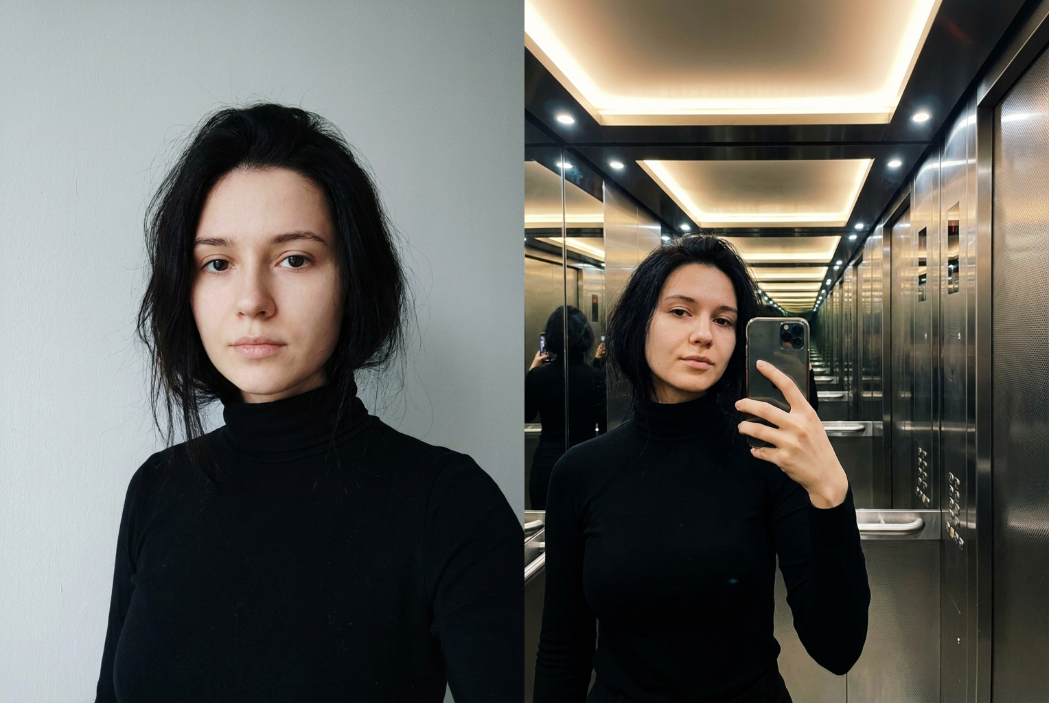 Plain wall selfie transformed into a moody mirror-walled elevator shot.
