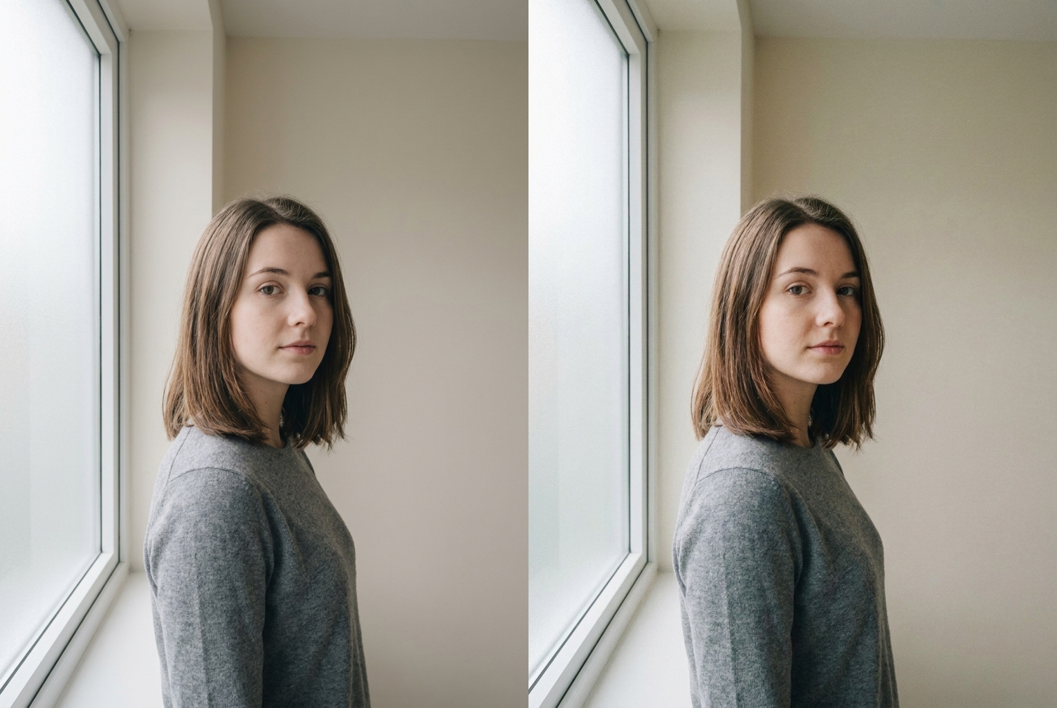 Before → After: a flat window-lit digital portrait regraded with warm 35mm film grain and analog color