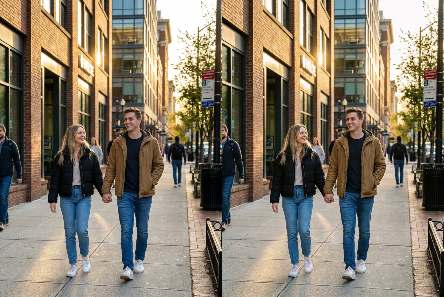 Before → After: a sharp golden-hour street shot given filmic contrast, halation, and organic grain