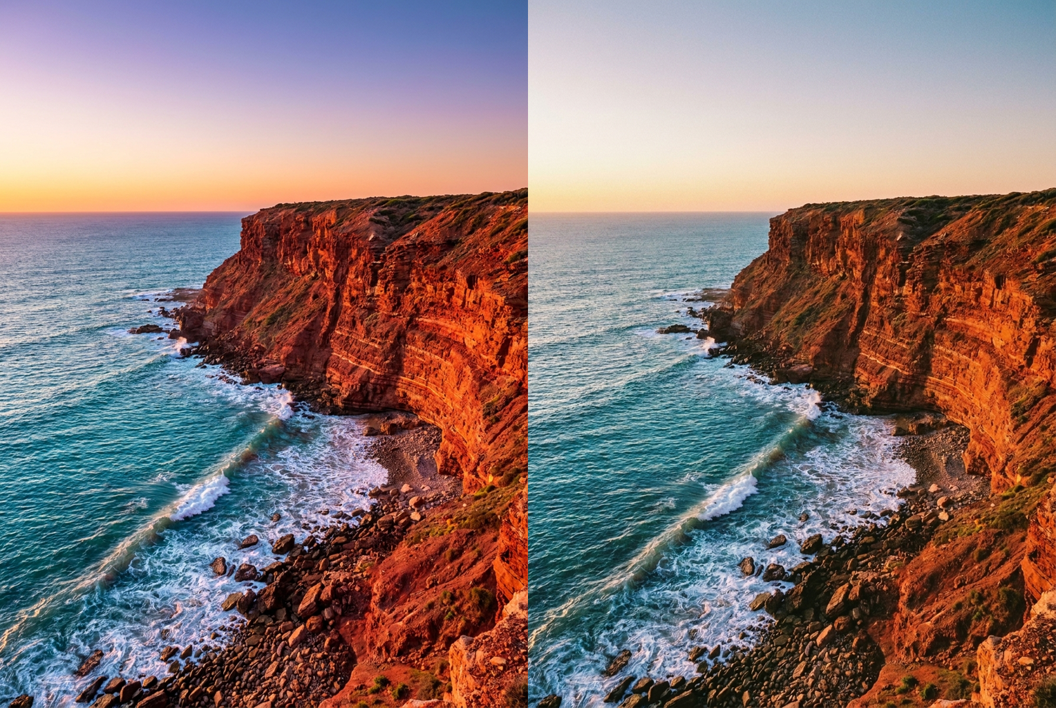 Before → After: a vivid digital landscape softened into a warm, grainy analog film scan