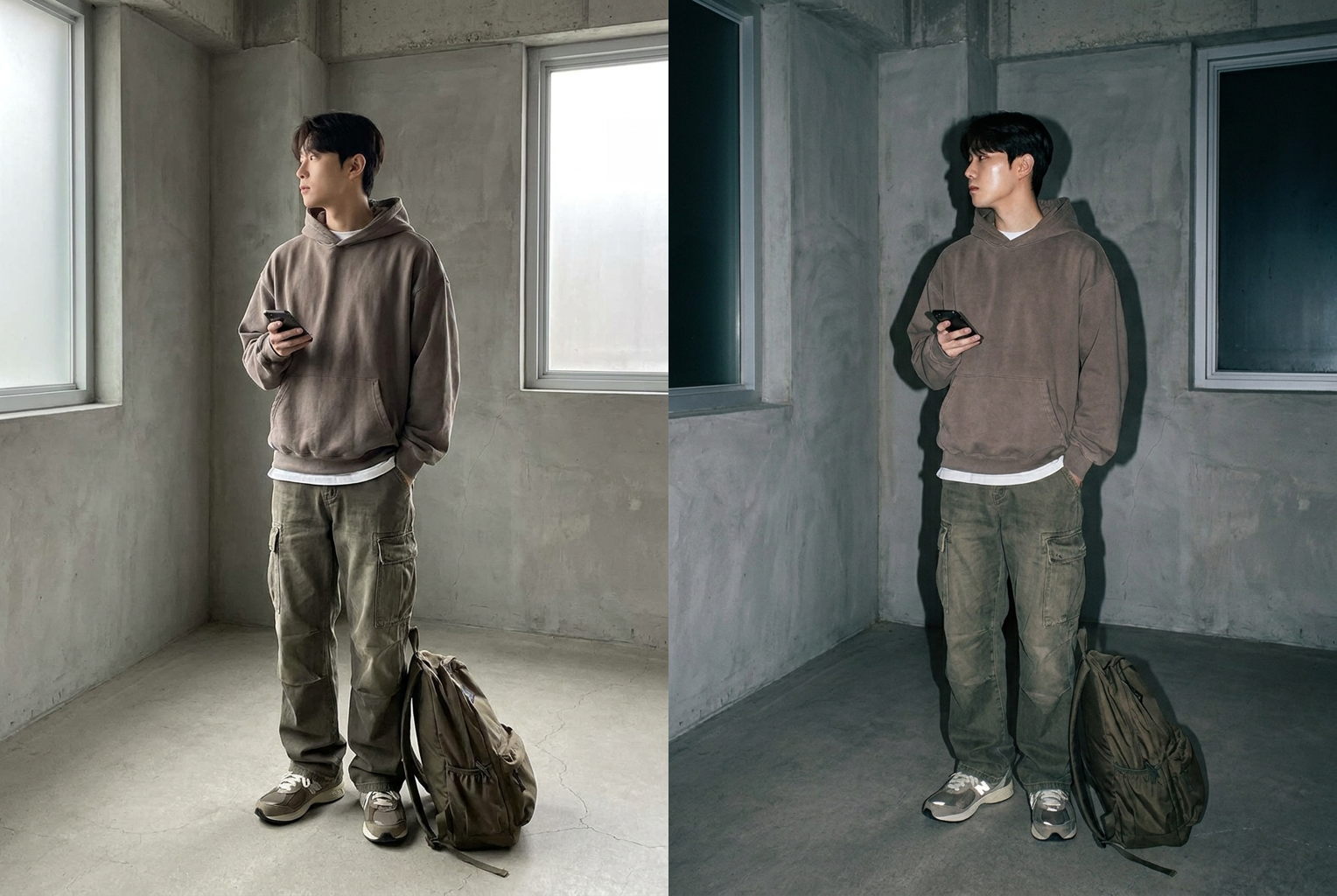 Before → After: flat daytime outfit shot relit with a hard flash and wall shadow