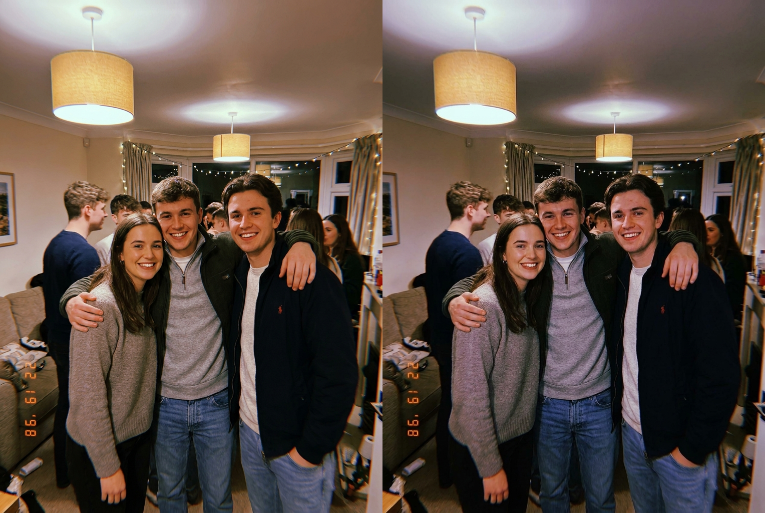 Before → After: evenly-lit group shot turned into a candid flash party pic