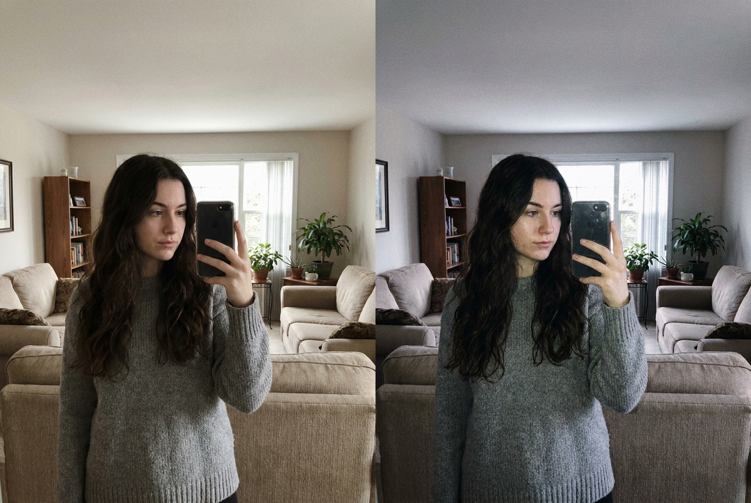 Before → After: flat daylight selfie relit as a harsh 2000s flash snapshot