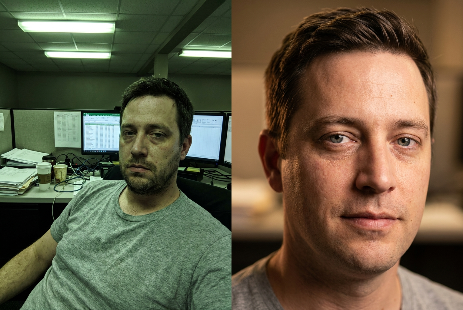 Before โ After: beard and brow grooming, even skin tone, studio lighting rebuild