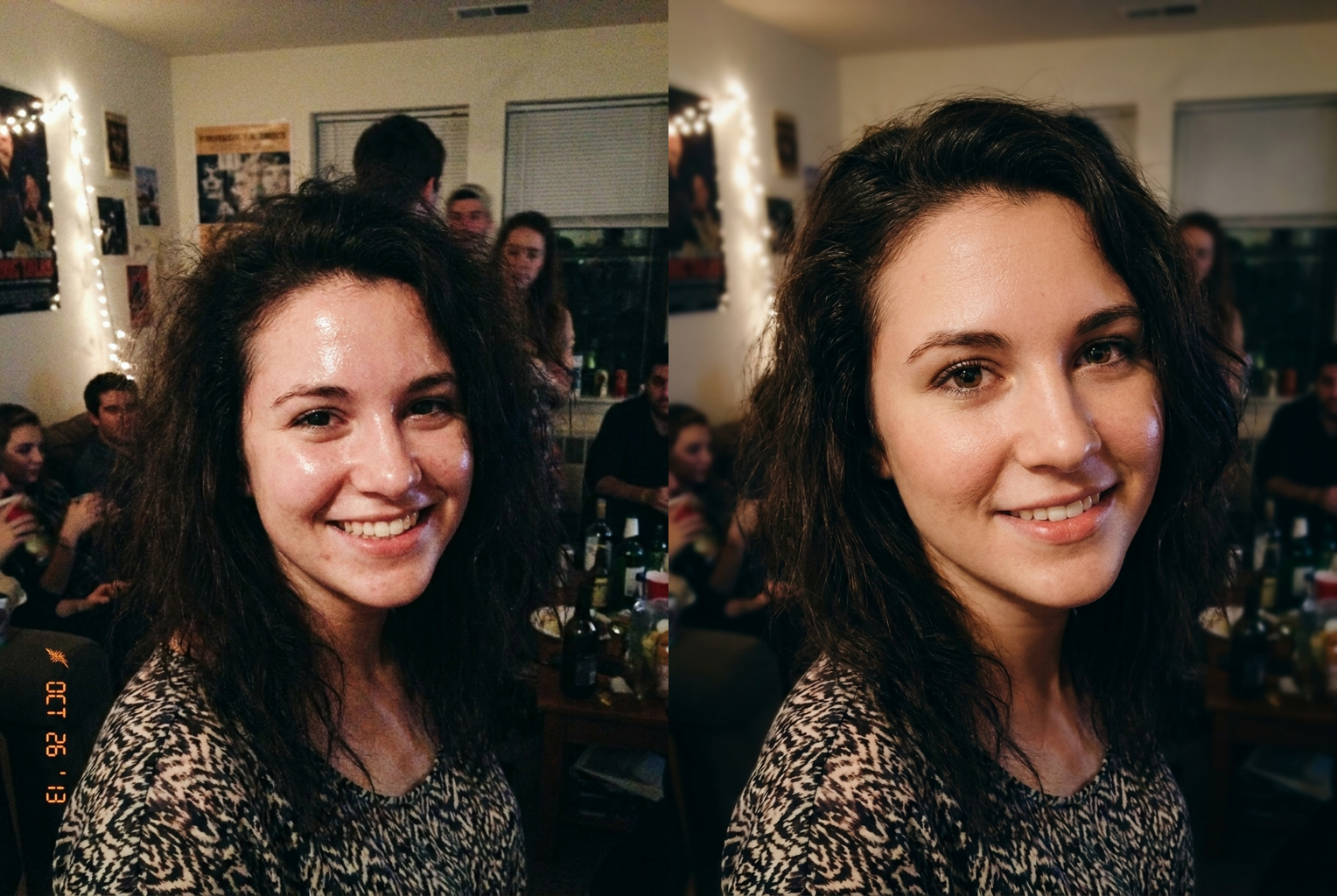 Before โ After: flash glare tamed, background blurred, cinematic warmth added