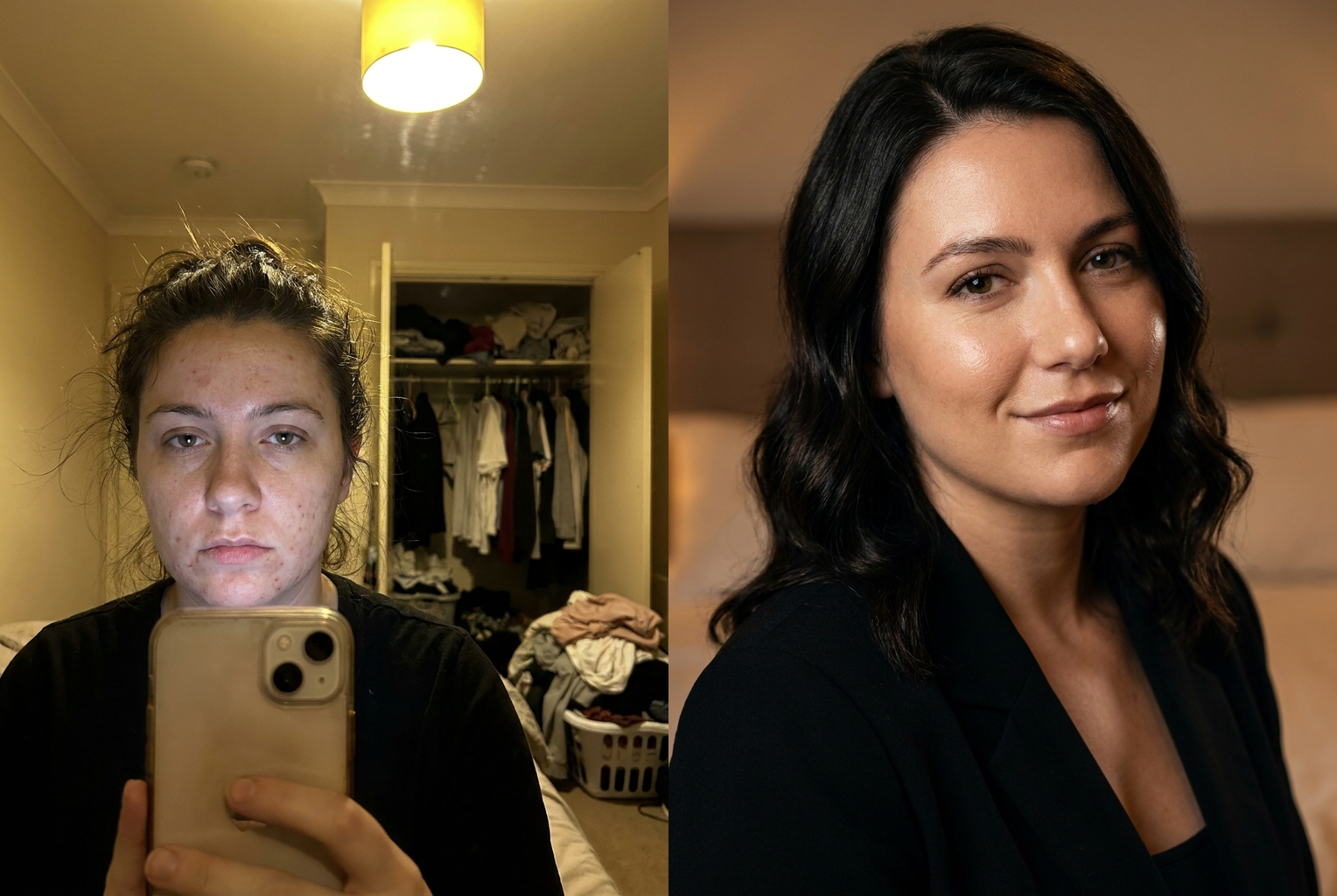 Before โ After: clear skin, styled hair, warm key light replacing harsh ceiling bulb