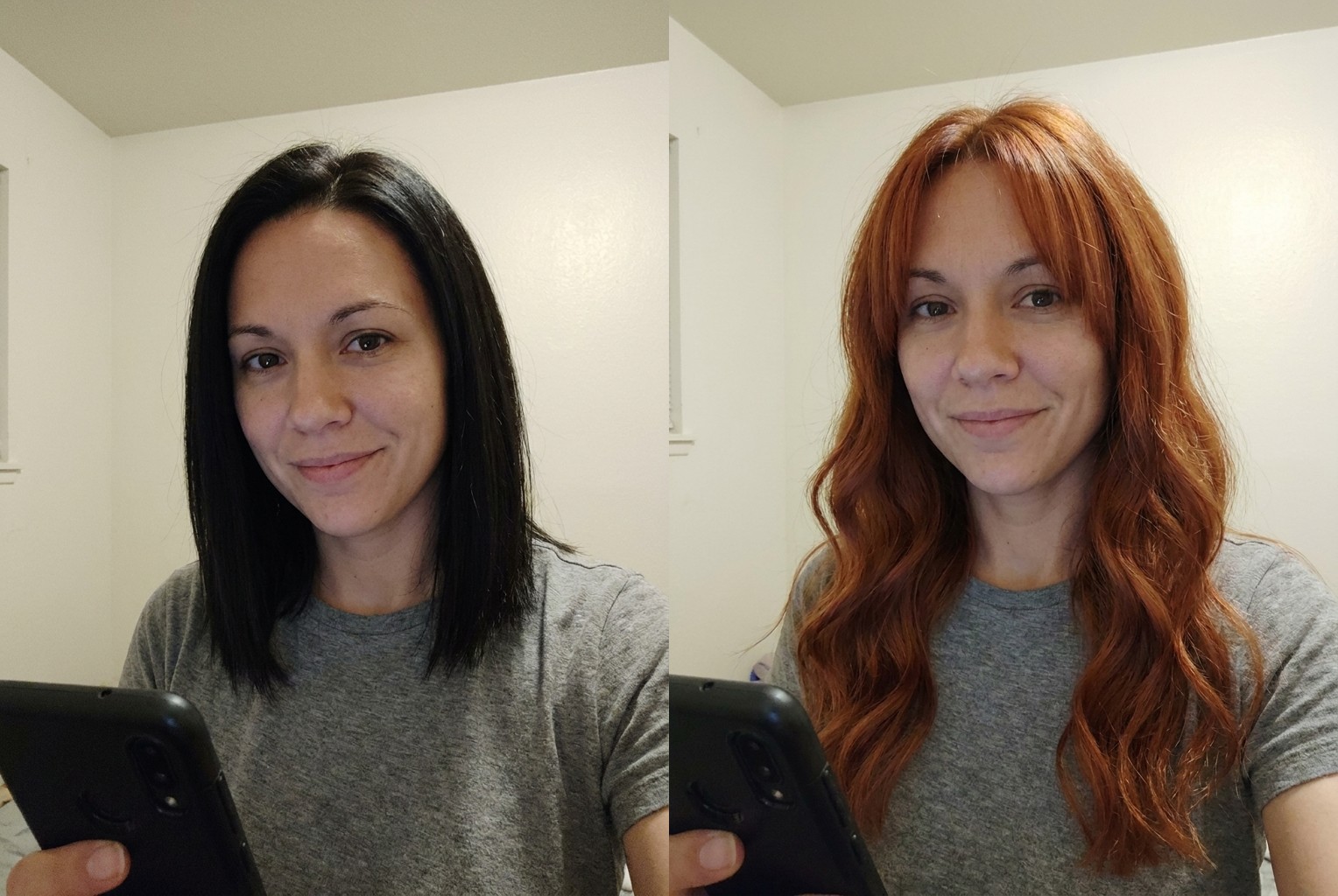 Prompt: "long copper red loose waves with curtain bangs" — new length, texture, and color in one pass.